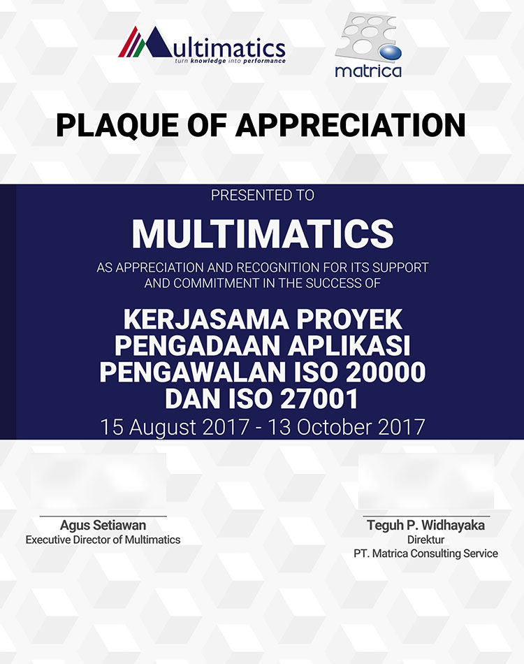 Project Multimatics Kerjasama Proyek Pengadaan Aplikasi Pengawalan ISO 20000 dan ISO 27001 Matrica
